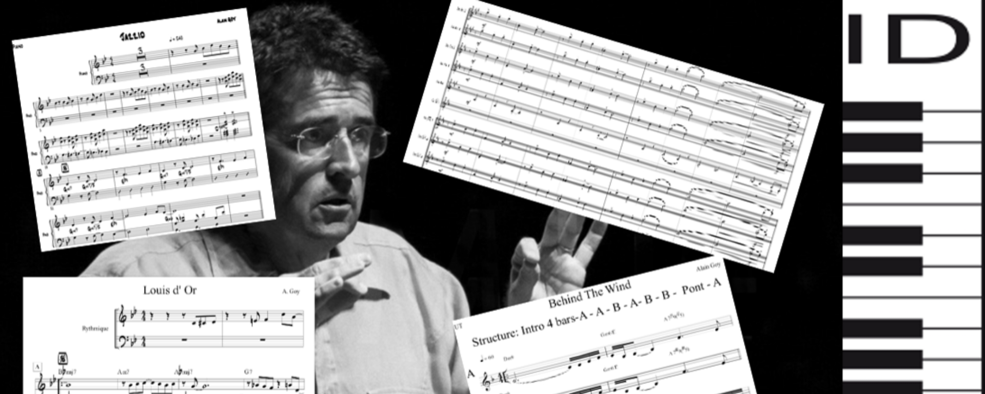 Portrait d'Alain Goy entouré de partitions Jazz ID